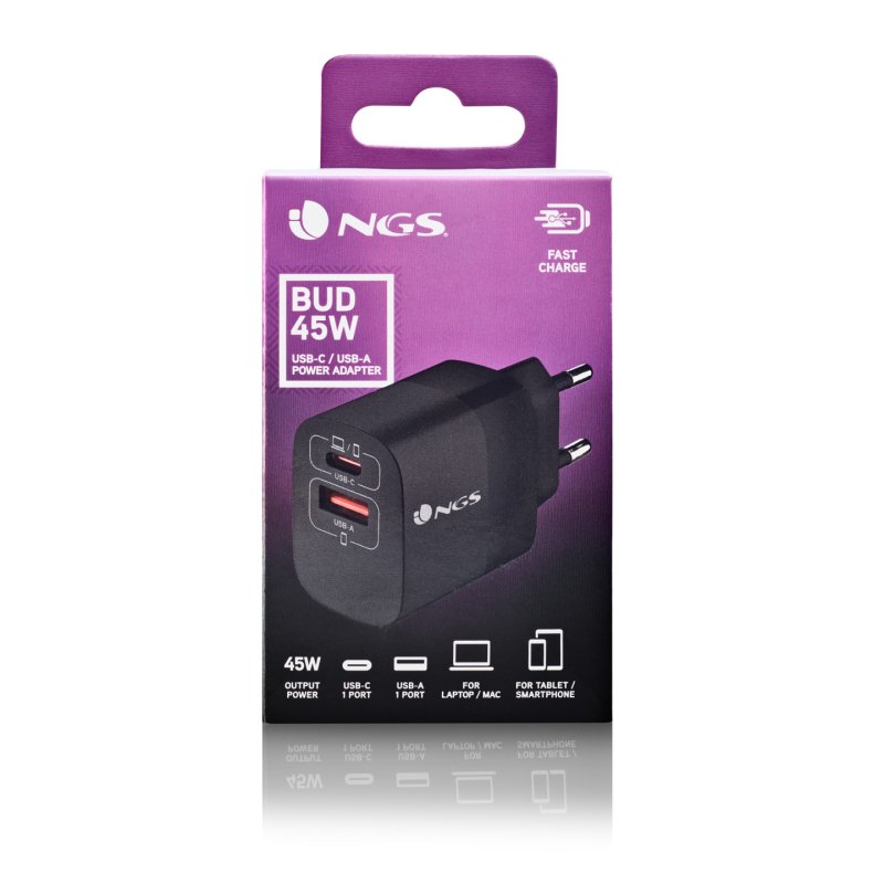 Chargeur secteur NGS Bud 1x USB-C 1x USB-A 45W (Noir)