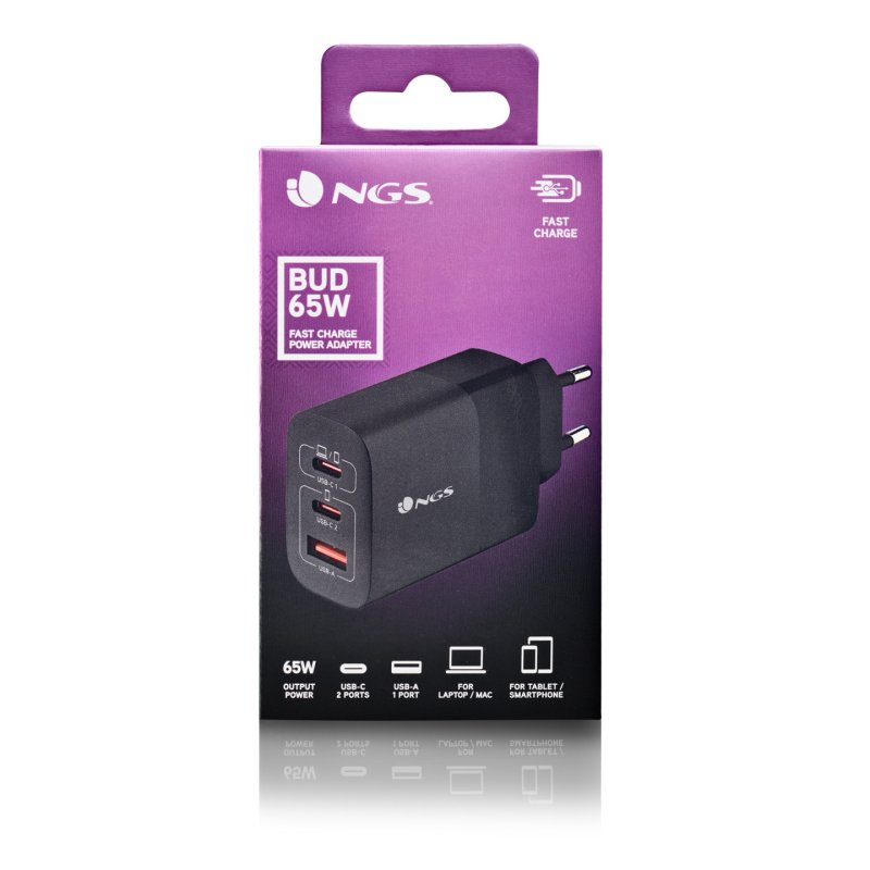 Chargeur secteur NGS Bud 2x USB-C 1x USB-A 65W (Noir)