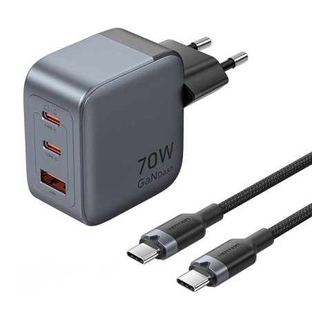 GaN Vention USB-C C A 70W Charger USB-C-C Cable 1m (Gray)