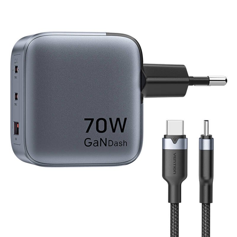 GaN Vention USB-C C A 70W Charger USB-C-C Cable 1m (Gray)
