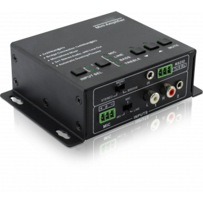 2x20W Audio Amplifier (Class-D energy saver standard), with 2 stereo inputs, 1 M