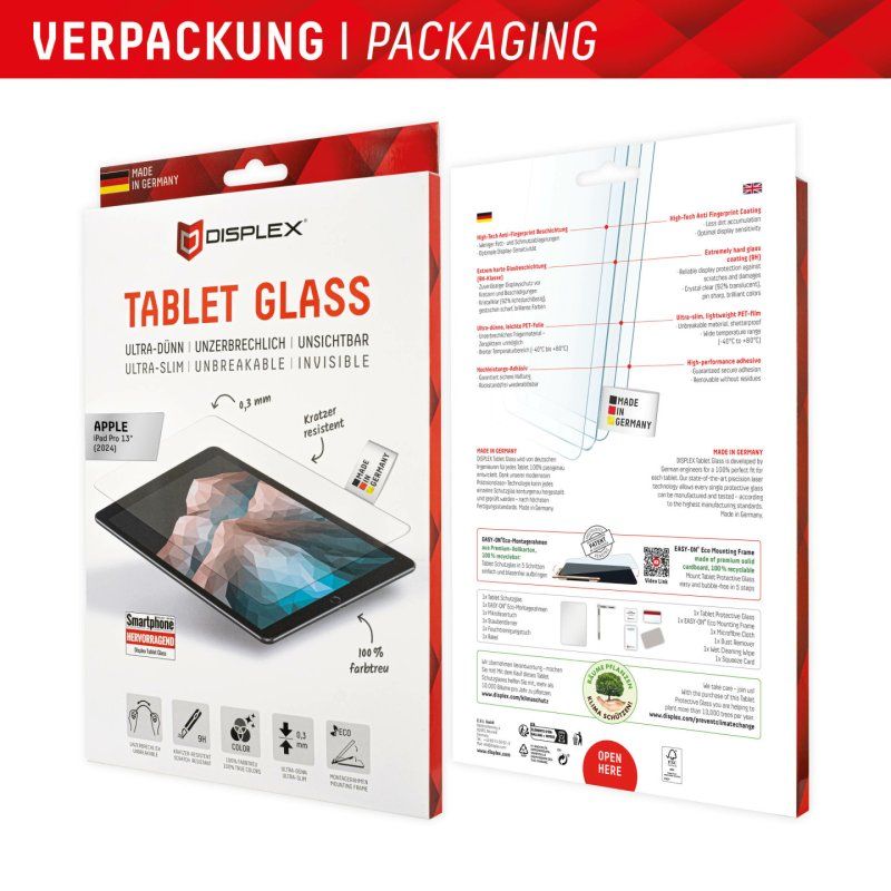 Displex Tablet Glass (9H) for Apple iPad Pro 13'' (2024), Eco Mounting Frame, unbreakable, ultra-slim, invisible