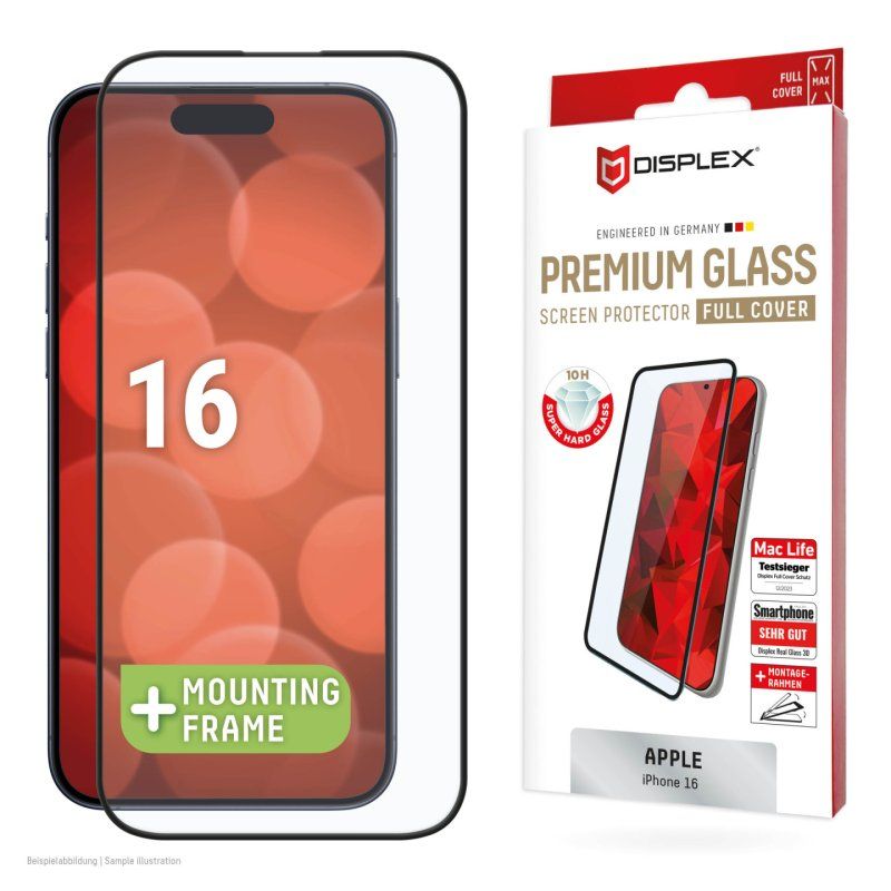 Displex Premium Screen Protector (Full Cover, 10H) for Apple iPhone 16, Eco Mounting Frame, Full Cover