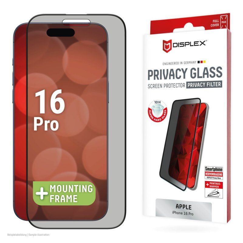 Displex Privacy Screen Protector (10H) for Apple iPhone 16 Pro, Eco Mounting Frame, Privacy Filter