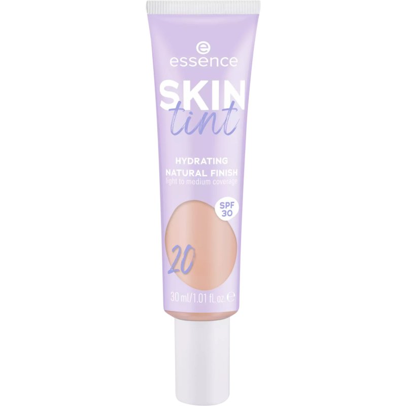 Essence Skin Tint Makeup No. 20 Nude Moisturizing Natural Vegan Oil-Free UVA and UVB Filter SPF 30 Fragrance-Free 30ml