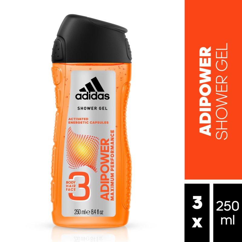 Adidas Adipower 3in1 250 ml Gel douche Hommes Corps et cheveux Patchouli, Bois de santal, Fève Tonka