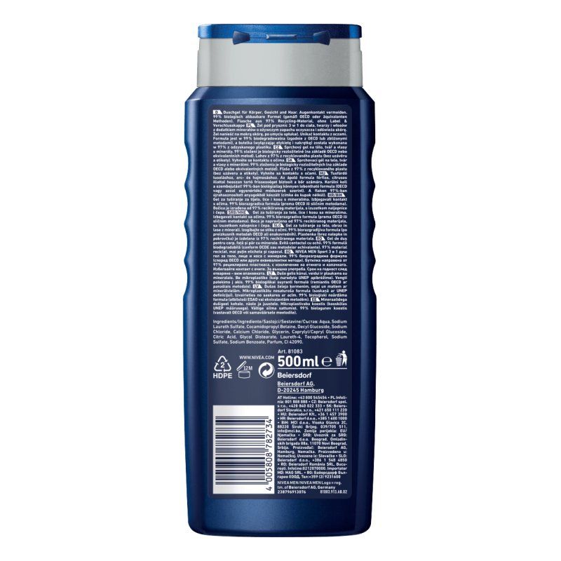 NIVEA Men Sport 500 ml Gel douche Hommes Corps, visage et cheveux