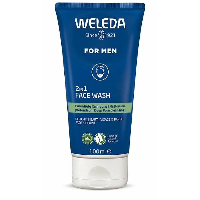 WELEDA Bio FOR MEN 2in1 Face Wash Refreshing Natural Men's Facial Cleansing/Beard Care Gel with Willow Bark & Licorice