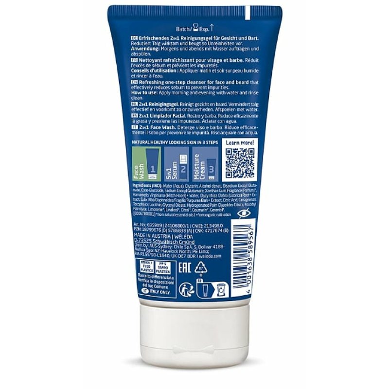 WELEDA Bio FOR MEN 2in1 Face Wash Refreshing Natural Men's Facial Cleansing/Beard Care Gel with Willow Bark & Licorice