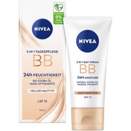 NIVEA 5 IN 1 Day Care BB 24h Moisture SPF 15 Tinted Cream for Light Skin Types with Organic Jojoba Oil and Makeup