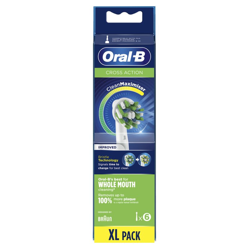 Oral-B CrossAction Toothbrush Head with CleanMaximiser Technology Pack of 6 Counts 33g Green Yellow - Pack of 6