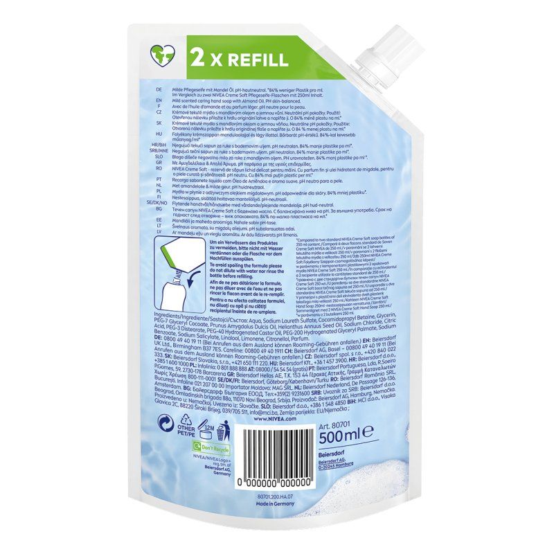 NIVEA Creme Soft Liquid Cream Soap Refill Bag 500ml