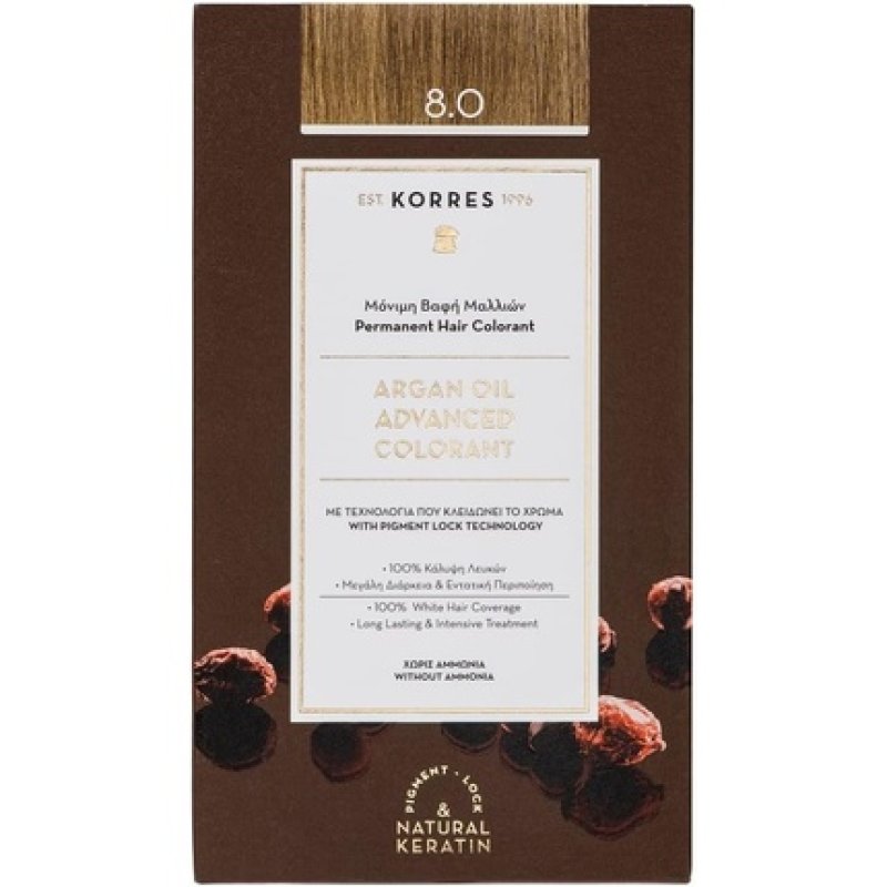 KORRES Argan Oil Colourant Ammonia-Free Hair Colour Light Blonde 8.0 100% Grey Hair Coverage Vegan Long-Lasting Result