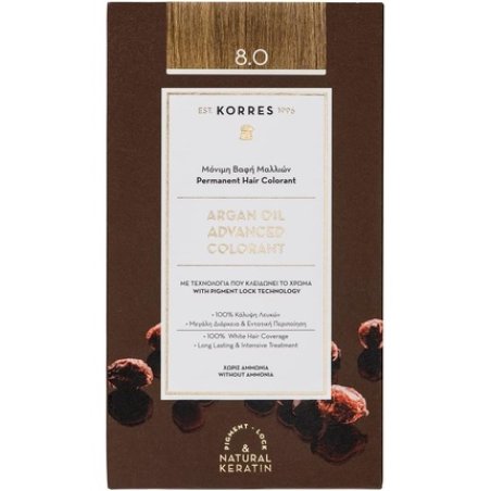 KORRES Argan Oil Colourant Ammonia-Free Hair Colour Light Blonde 8.0 100% Grey Hair Coverage Vegan Long-Lasting Result