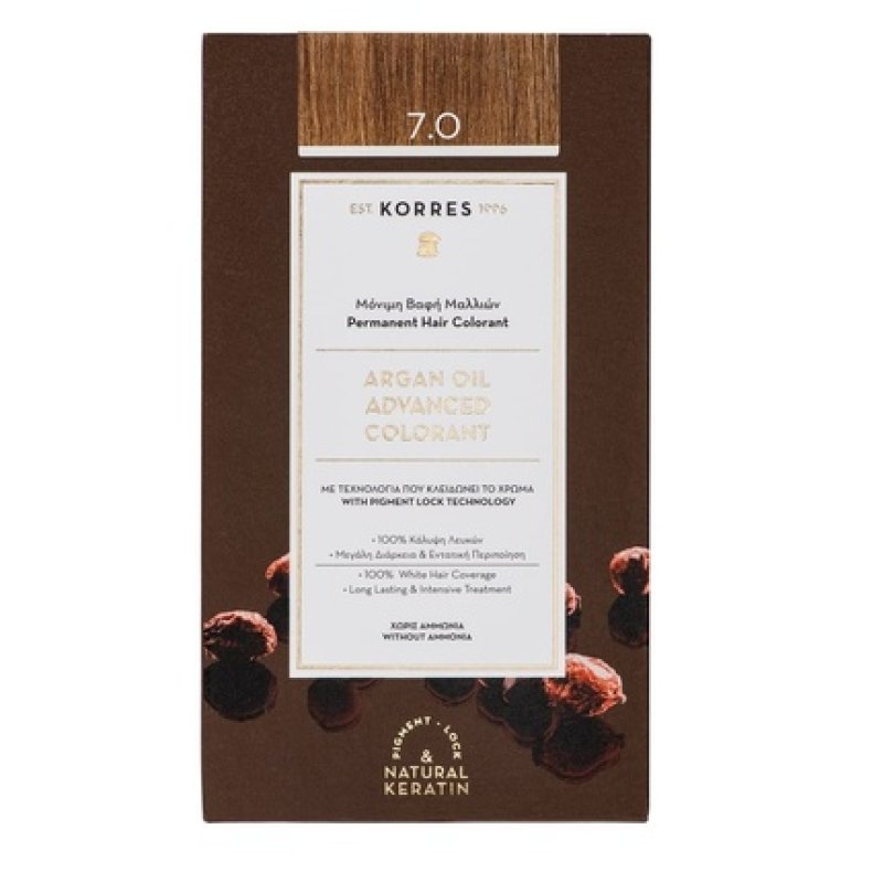 KORRES Argan Oil Colorant Ammonia-Free Hair Color Medium Blonde 7.0 100% Gray Coverage and Vegan