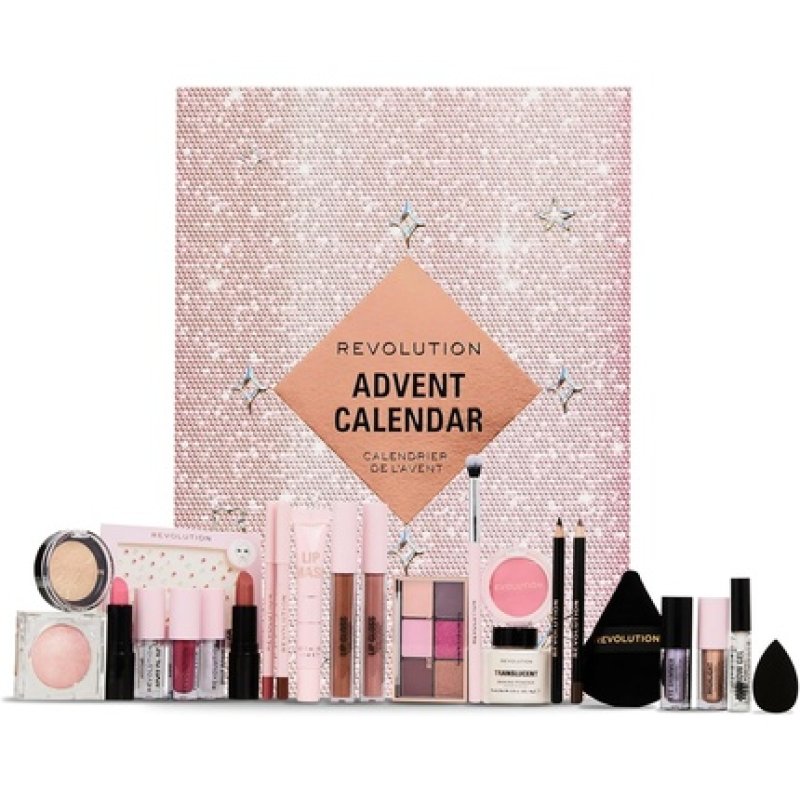 Revolution Beauty 24-Piece Holiday Beauty Advent Calendar Makeup Gift Set with Lip Gloss Nourishing Lip Masks Brushes