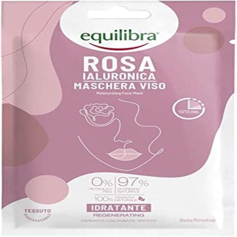 Equilibra Face Hyaluronic Rose Moisturising Face Mask 100% Natural Cloth Mask with Fermented Rose Water Hyaluronic Acid