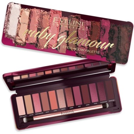 Eveline Cosmetics Ruby Glamour Eyeshadow Palette 12 Matte Shimmer Eye Makeup Set with Mirror and Brush