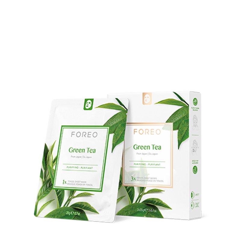 FOREO Green Tea Purifying Facial Sheet Mask for Blemish-Prone Skin 3 Pack - Antioxidant Calming Clean Formula
