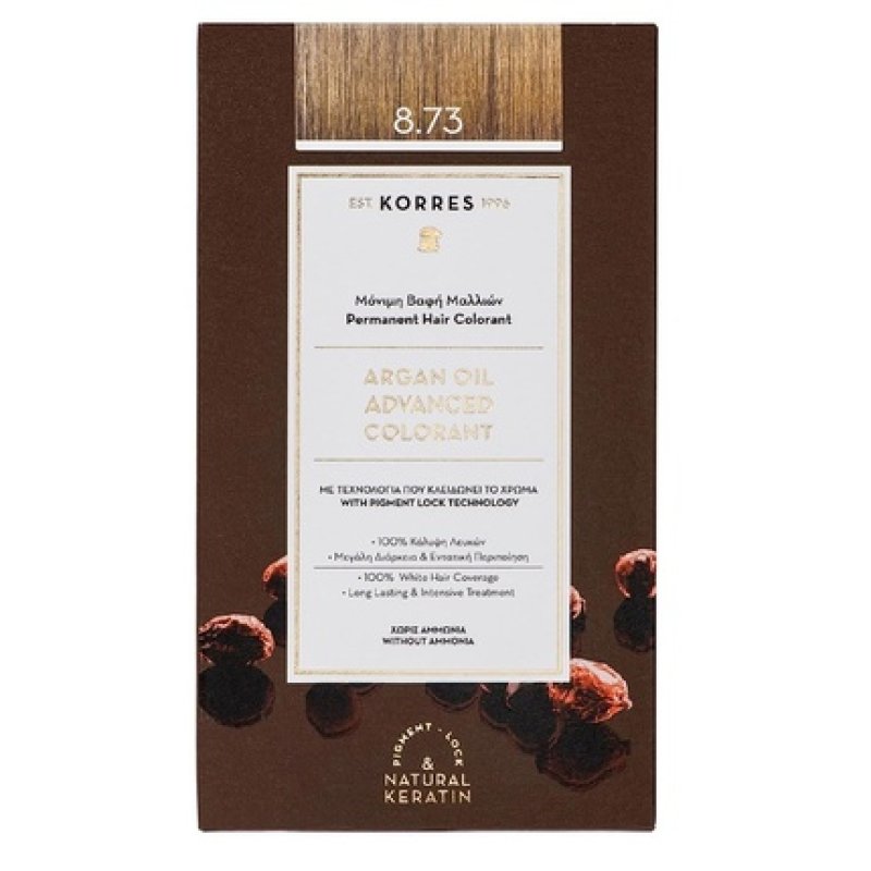 KORRES Argan Oil Colorant Golden Caramel 8.73 Ammonia-Free Hair Color 100% Gray Coverage and Vegan