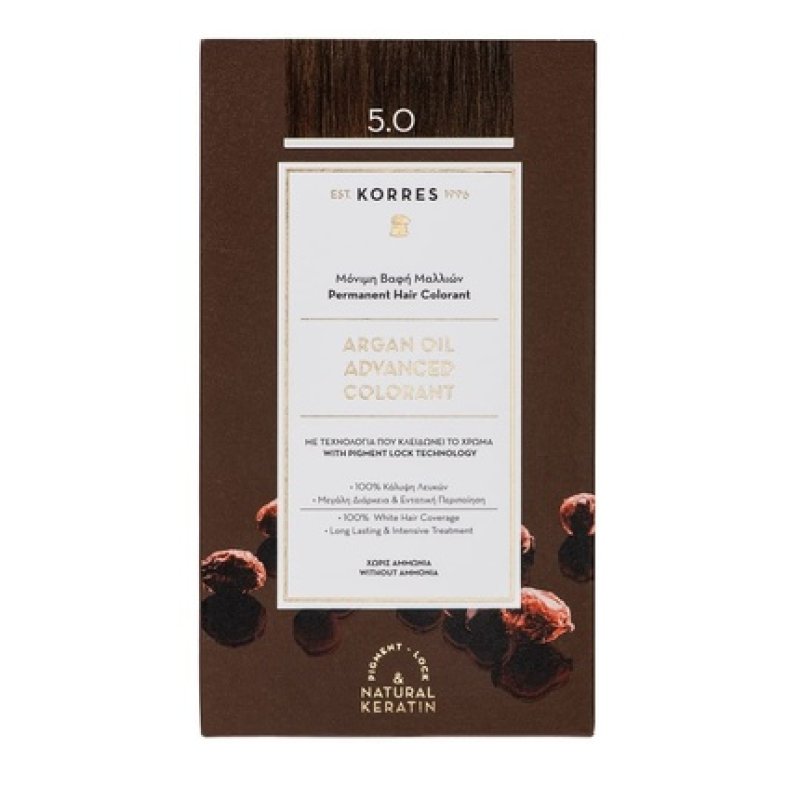 KORRES Argan Oil Colorant Ammonia-Free Hair Color Light Brown 5.0 100% Gray Coverage and Vegan