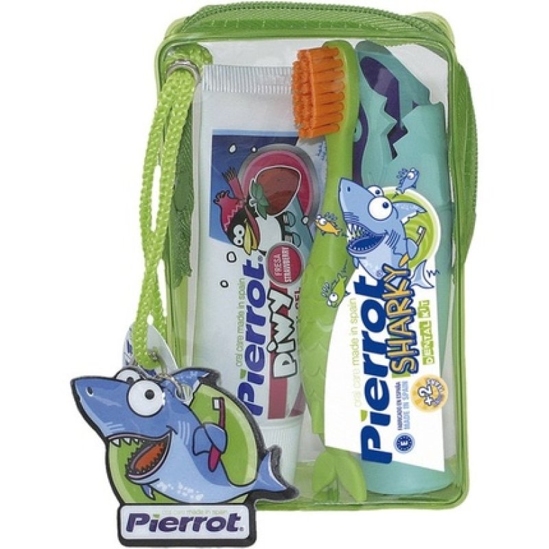 Pierrot Sharky Mini Travel Kit For Children With Strawberry Flavored Toothpaste And Toothbrush
