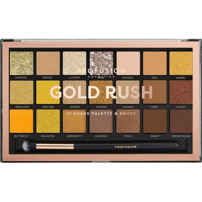 Profusion Cosmetics Gold Rush Eyeshadow Palette with 21 Shades and Free Pro Series Makeup Brush