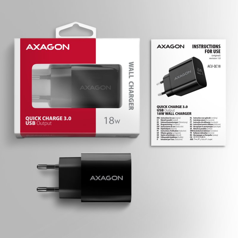 Axagon ACU-QC18 kroviklis jungiama tinkl QC 18W, 1x port USB-A, QC3.0/AFC/FCP/SMART Juoda Mobile phone, Power bank,