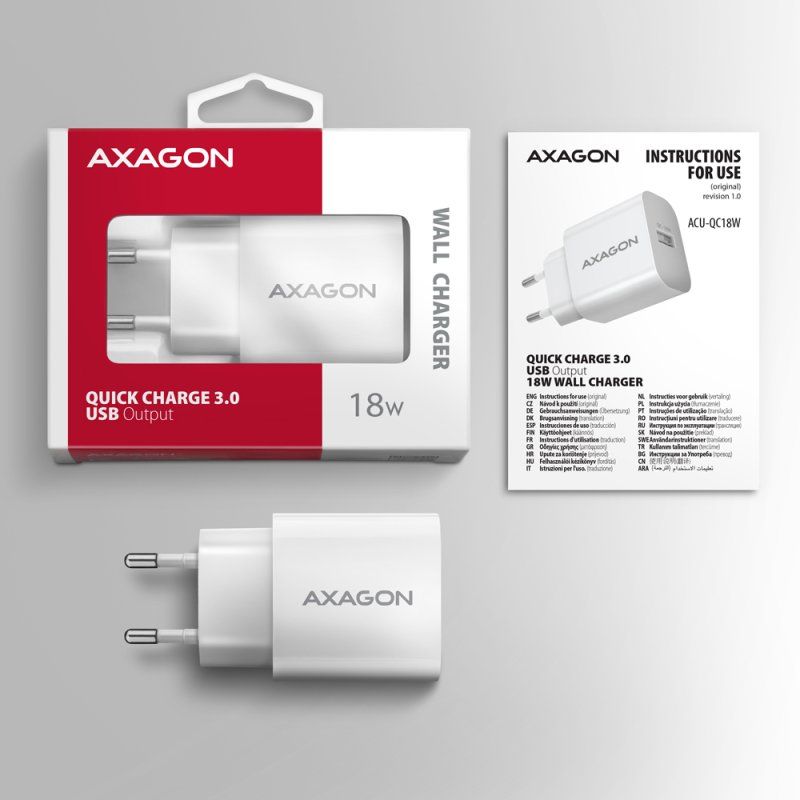 Axagon ACU-QC18W mobile device charger Mobile phone, Smartphone, Smartwatch, Tablet, Universal White AC Fast charging