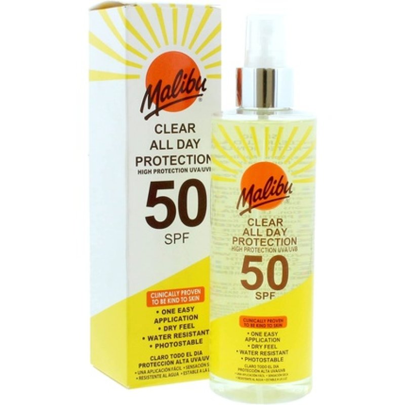 Malibu Sun SPF 50 Clear Spray Sunscreen High Protection Dry Feel Water Resistant 250ml