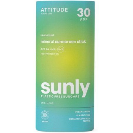 ATTITUDE Mineral Sunscreen Stick with Zinc Oxide SPF 30 EWG Verified Plastic-Free Broad Spectrum UVA/UVB Protection