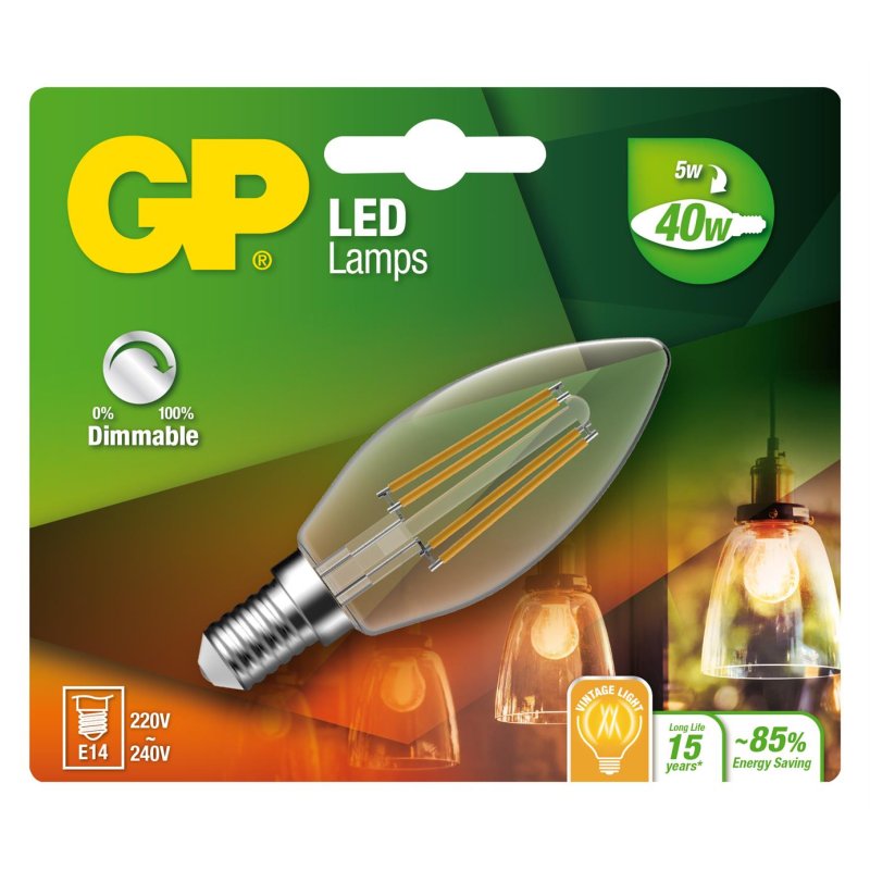 GP - LED Lamp Filament Mini Candle, E14, DIM, 5W (40W), 470lm