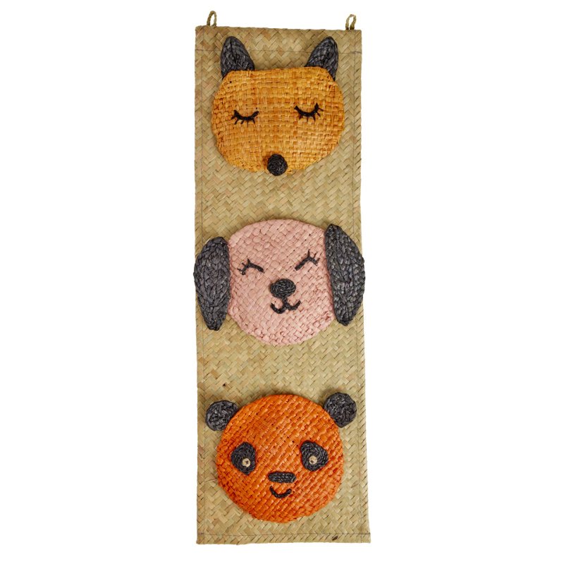 Rice - Raffia Wall Hanger with Animal Face Pockets - 60 cm x 20 cm