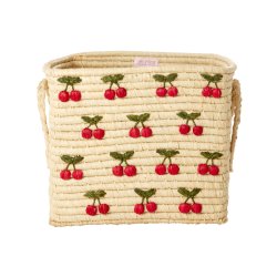Rice - Raffia Square Basket with Small Cherries Embroidery - Red - 30 cm x 30 cm x 25 cm