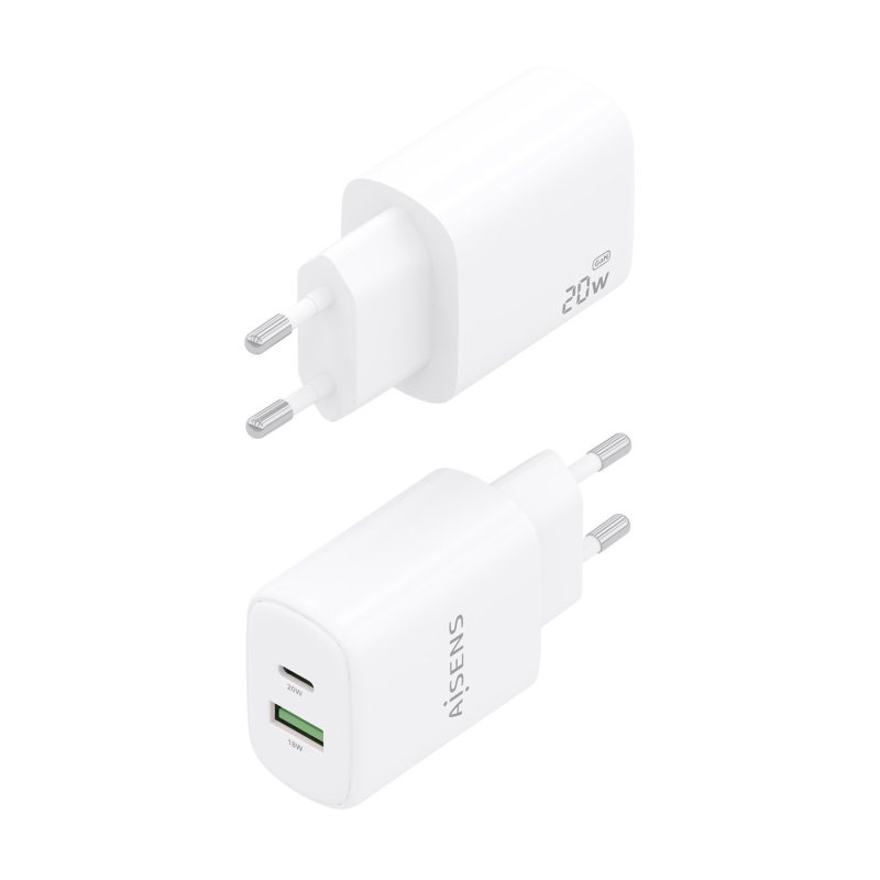 CARGADOR AISENS GAN 20W, 1XUSB-C PD3.0, 1XUSB-A QC3.0, BLANCO