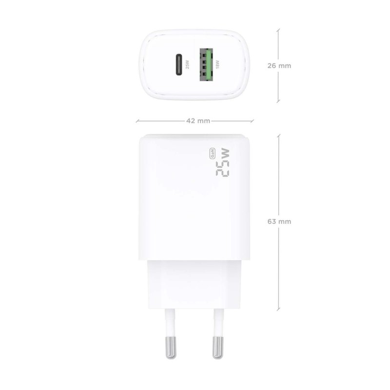 CARGADOR AISENS GAN 25W, 1XUSB-C PD3.0, 1XUSB-A QC3.0, BLANCO