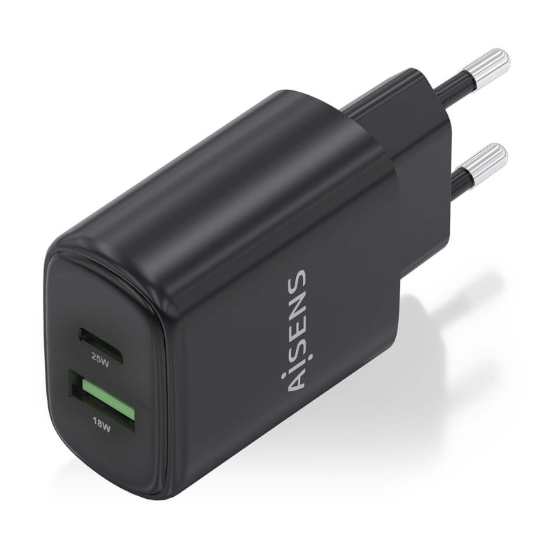 CARGADOR AISENS GAN 25W, 1XUSB-C PD3.0, 1XUSB-A QC3.0, NEGRO