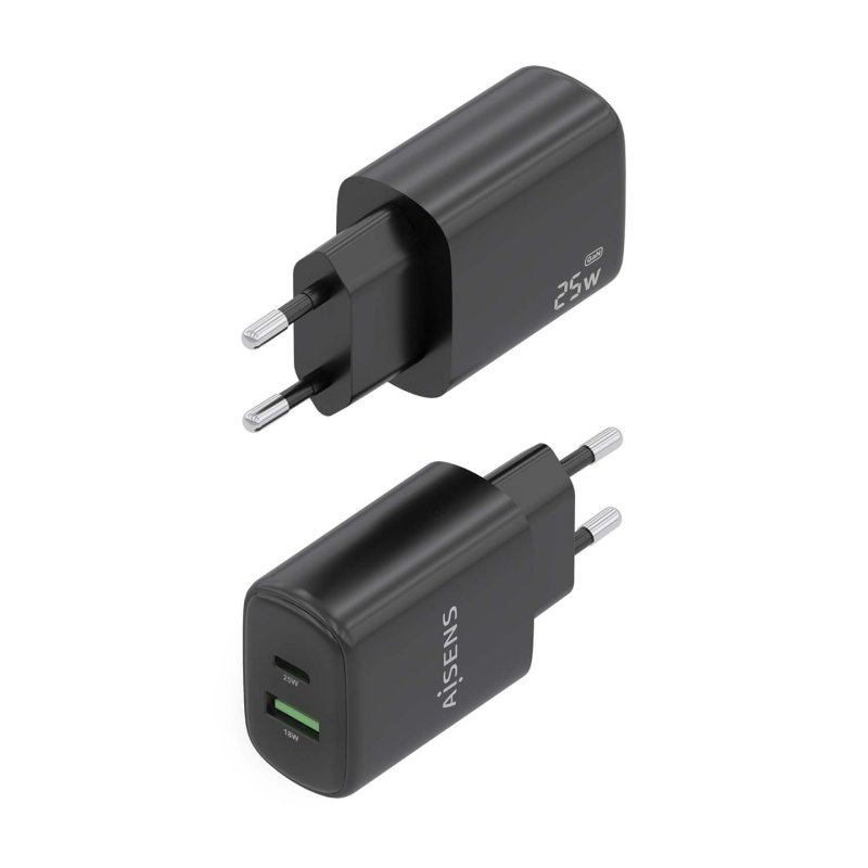 CARGADOR AISENS GAN 25W, 1XUSB-C PD3.0, 1XUSB-A QC3.0, NEGRO