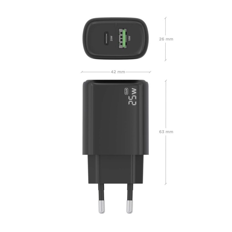 CARGADOR AISENS GAN 25W, 1XUSB-C PD3.0, 1XUSB-A QC3.0, NEGRO