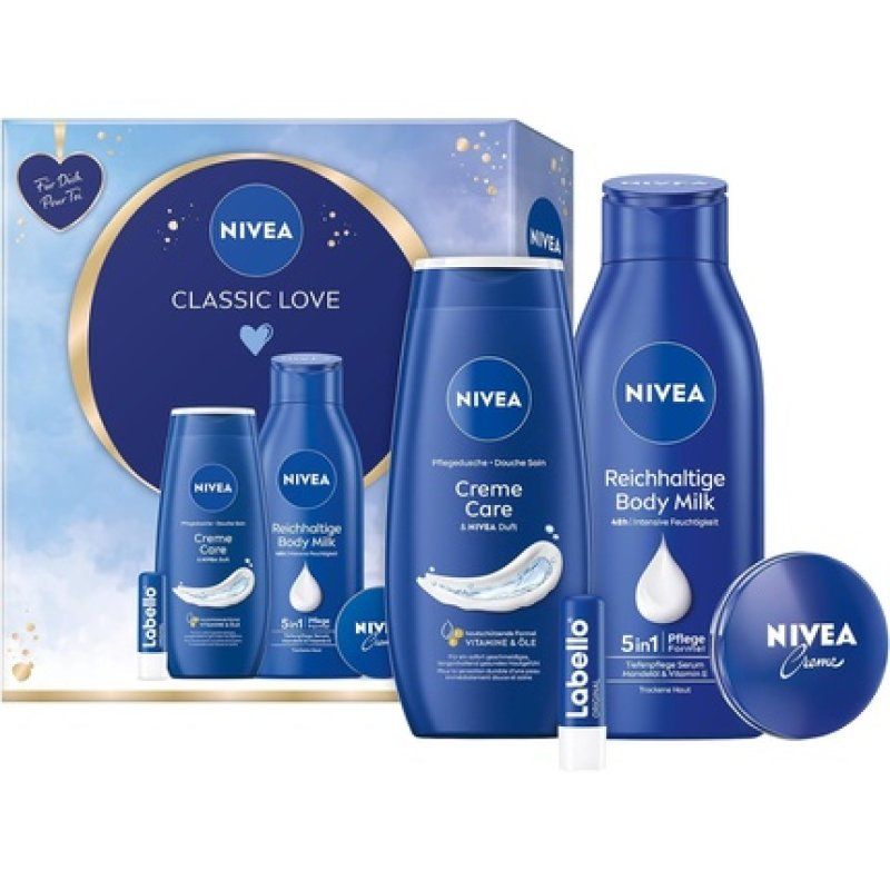 NIVEA Classic Love Gift Set Care Set with Moisturizing Care Products Gift Box with Shower Nourisher Labello Body Milk