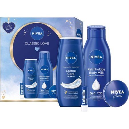 NIVEA Classic Love Gift Set Care Set with Moisturizing Care Products Gift Box with Shower Nourisher Labello Body Milk