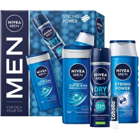 NIVEA MEN Strong Power Gift Set with Refreshing Care Products - Fresh Ocean Shower Gel, Dry Active Deodorant Spray,