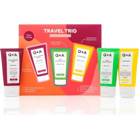 Q A Travel Trio Body Care Giftset - Hyaluronic Acid Body Wash, AHA Exfoliator Body Scrub, Ceramide Body Lotion - 50ml