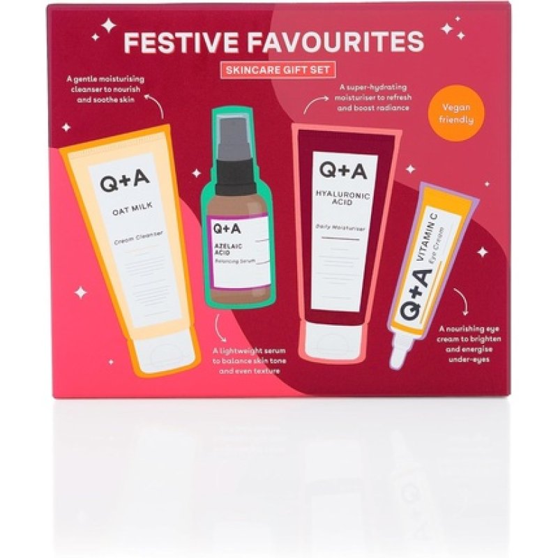 Q A Festive Favourites Gift Set with Hyaluronic Acid Moisturiser, Oat Milk Cream Cleanser, Azelaic Acid Serum, and