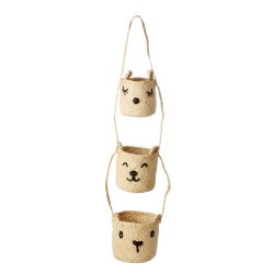 Rice - Raffia 3-Tier Hanging Storage with Animal Faces - Natural