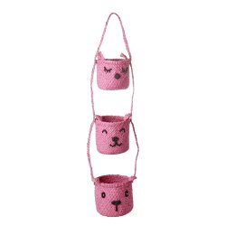 Rice - Raffia 3-Tier Hanging Storage with Animal Faces - Pink