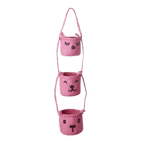 Rice - Raffia 3-Tier Hanging Storage with Animal Faces - Pink