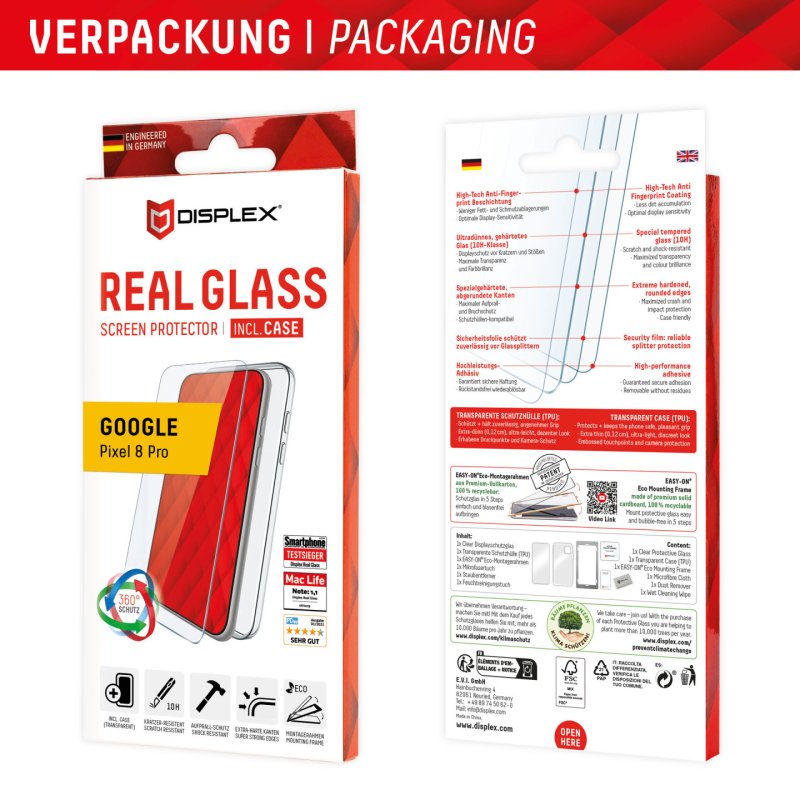 Displex Screen Protector Case for Google Pixel 8 Pro, Eco Mounting Frame, scratch resistant