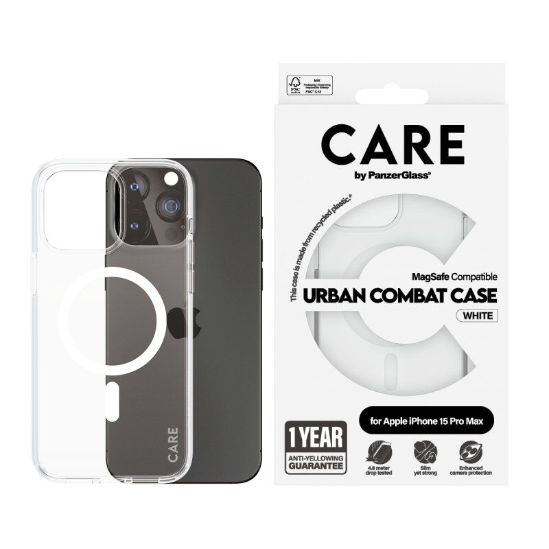 PanzerGlass CARE by Flagship Case Transparent Urban Combat w. White MagSafe iPhone 15 Pro Max