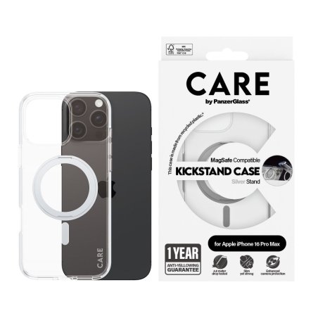 CARE by PanzerGlass® Feature Case Transparent m. Silber Kickstand & MagSafe iPhone 16 Pro Max